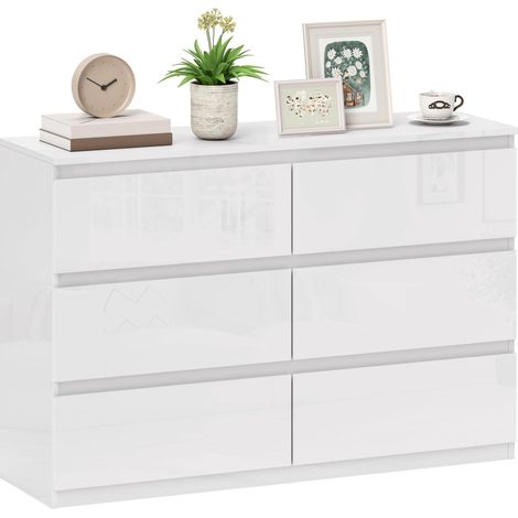 Commode à 6 tiroirs pour chambre, style moderne, pour salon ou bureau, 112 x 34 x 75 cm, blanc brillant