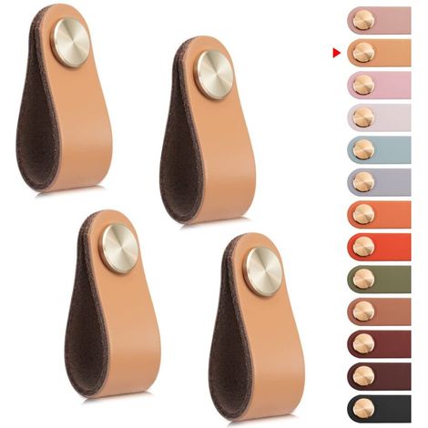 4pcs Poignée Meuble Cuir, Bouton Porte Placard Poignee Cuir Bouton de Tiroir, Poignee de Meuble Vintage pour Armoires, Commode, Cuisine, Salle de Bain (Beige, Monotrou)