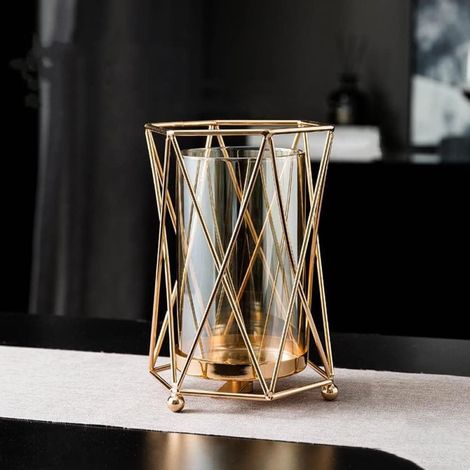 Goldene Vase aus Metall, Blumentopf, Blumenarrangement, vergoldete Legierung, Glasvasen, Schreibtisch, Wohnkultur