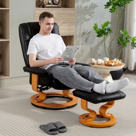 Fauteuil de relaxation inclinable avec repose-pied, pivotant, cadre en bois , revêtement synthétique noir (1/5)