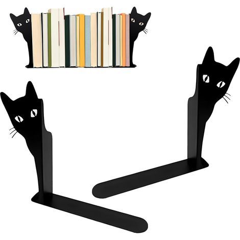 Set mit 2 Buchstützen aus Metall, Motiv: Schwarze Katze, stilvolle Dekoration für Büro und Zuhause (1/5)