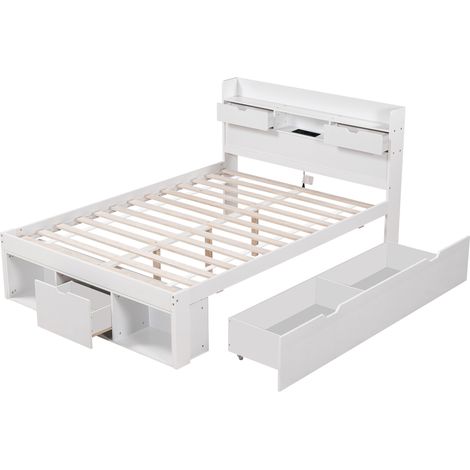 Cama multifuncional 140 x 200 cm blanca con puertos USB, almacenaje y cajones (1/5)