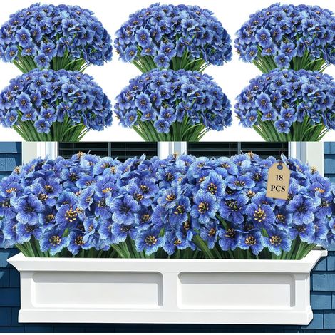 18 Bundles Artificial Flowers for garden,UV Resistant Fake Flowers,No Fade Silk Flowers with Decorative Faux Plastic Plants for Porch Window Box Hanging Baskets(Blue)