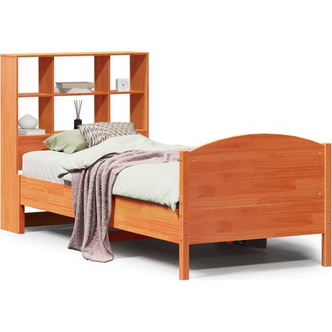 Lit simple  Lit adulte  Lit bibliothèque sans matelas cire marron 100x200 cm pin massif