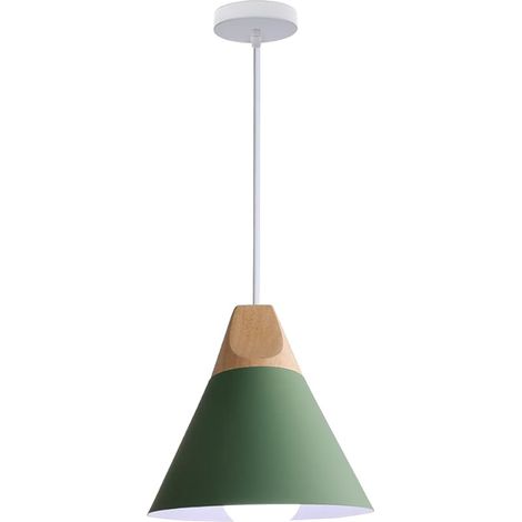 Suspension Luminaire Moderne E27 Lustre en Bois et Métal Ø22cm Plafonnier Luminaire Design Simple Lampe pour Chambre Salle à Manger Cuisine (Vert) (1/5)