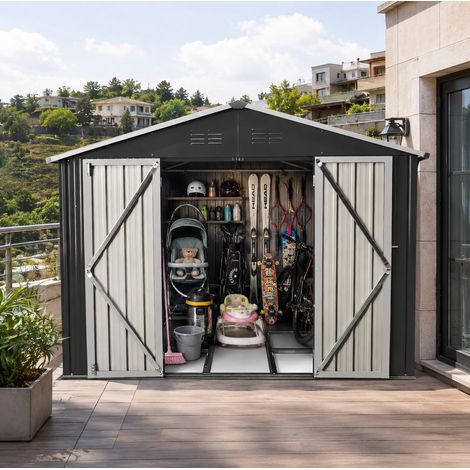 Abri de jardin métallique 313,4 x 258,8 x 191,5 cm à portes doubles, noir OKMYHOME (1/5)