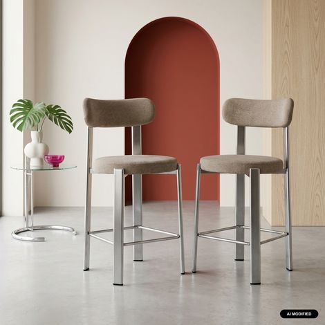 Lot de 2 tabourets de bar vintage acier chromé et tissu texturé - Gloria Chromé / Taupe (1/5)