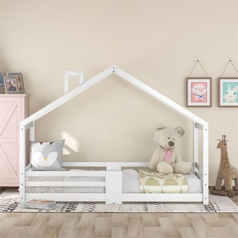 Lit cabane enfant 90x200 cm en pin blanc - sommier à lattes inclus, capacité 120 kg, sans matelas