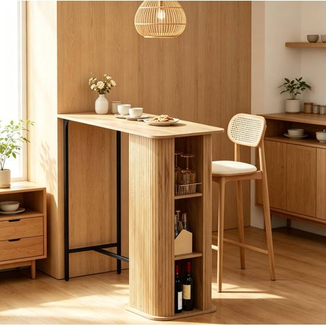 Bar table 112x50x106 cm en bois couleur naturelle, avec rangement pour cuisine FloraGrace (1/5)