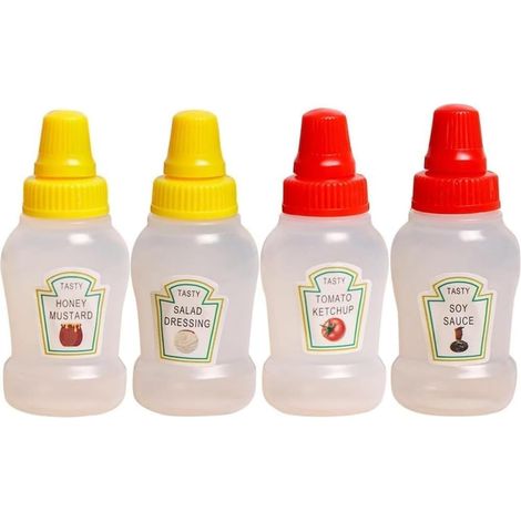 Lot de 4 mini-bouteilles de ketchup, 25 ml, rechargeables, pour condiments, vinaigrette, tomates, boîtes à bento, mayonnaise, sirop. (1/5)