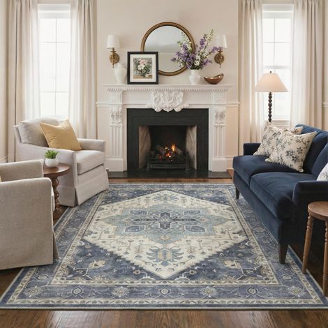 Tapis Salon Vintage 160x230cm Lavable en Machine Rug AntidéRapant Poil Ras, pour Chambre Salle a Manger Descente de Lit Bureau, Cuisine, Bleu Gris et Ivoire (1/5)