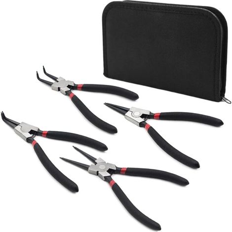 Set di 4 pinze per anelli elastici da 6 pollici, 150 mm, pinze curve interne ed esterne dritte con custodia e impugnatura antiscivolo. (1/4)