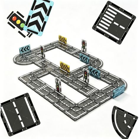 Relaxdays Set de routes magnétiques, 50 pièces, panneaux et feux, jouet éducatif dès 3 ans, ville, ABS, noir (1/5)