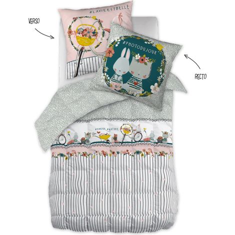 Couette "Jardinage" Réversible pour lit 1 place 100% Coton / 57 Fils/cm² l'Effet Papillon