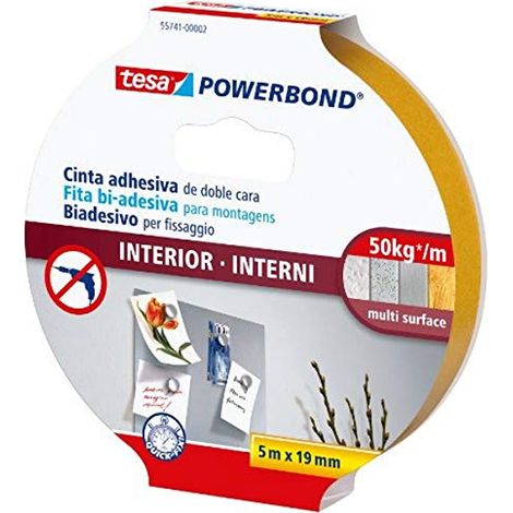 tesa Powerbond INDOOR - Nastro Biadesivo per Interni - Nastro adesivo resistente per il fissaggio di oggetti piatti - Tenuta fino a 5 kg per 10 cm di nastro - 5,0 m x 19 mm (1/4)