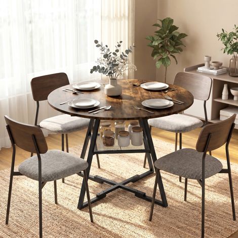 Table à manger ronde pour 4 personnes avec étagère, cadre métallique pour salon Ø100x76 cm marron rustique (1/5)