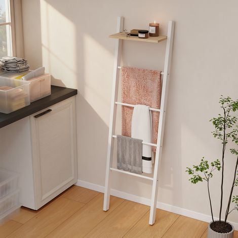 Porte-serviettes échelle avec étagère supérieure et 4 barres, fixation murale, 43 x 20 x 151 cm, blanc et chêne