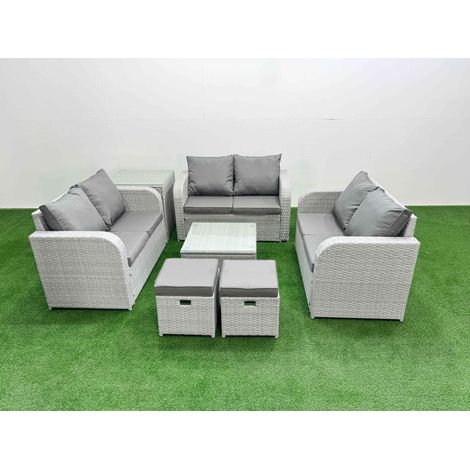 Fimous 8 Seater PE Wicker Rattan Furniture Sofa Sets with Square Coffee Table 2 Seater Love Sofa 2 Stool Side Table Light Grey (1/5)