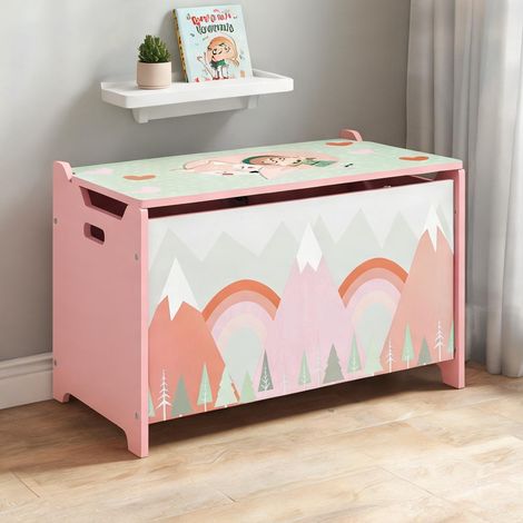 Coffre de rangement enfant MDF avec couvercle rabattable rose 60 (1/5)