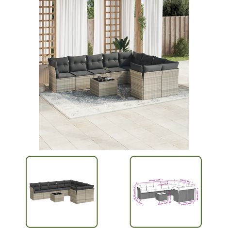 vidaXL 10-tlg. Garten-Sofagarnitur mit Kissen Hellgrau Poly Rattan (1/3)