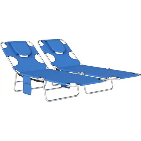 Outsunny 2 Sun Loungers with Reading Hole, Folding Garden Lounger, Blue