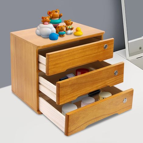 Boîte de rangement à trois niveaux pour bureau Organisateur de bureau à tiroirs en bois Armoire de rangement verrouillable à 3 niveaux 40 × 28 × 31 cm (1/5)