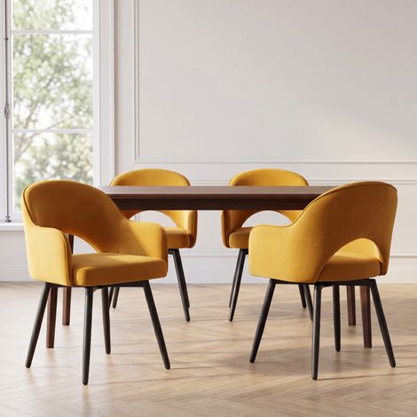 Wahson Lot de 4 Chaises en velours, Chaise Salle à Manger Moderne avec Accoudoirs Chaise de Cuisine Rembourés pour Salon, Jaune