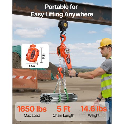 Palan à Chaîne à Levier Manuel, Charge 0,75 t, avec Chaîne en Acier Allié G80 1,5 m, Frein Mécanique à Double Cliquet, Crochets Rotatifs 360°, pour Entrepôts, Chantiers de Construction, Garages (1/5)