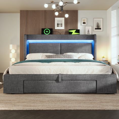 Bett 160x200 Stauraum LED USB C Grau Leinen HAVRYA (1/5)