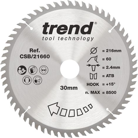 Lame scie circulaire bois 216 mm, 60 dents TCT, alésage 30 mm, +15° (1/5)