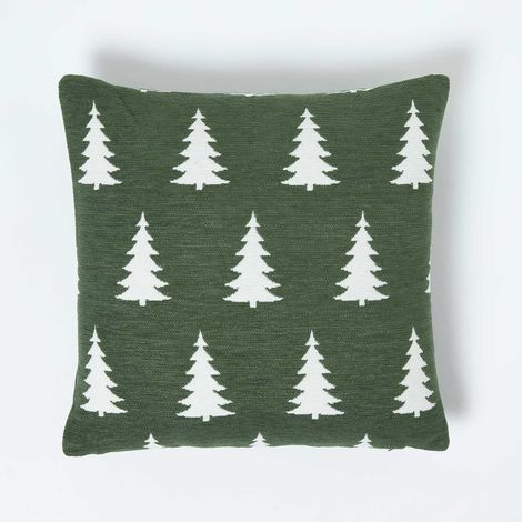 HOMESCAPES Festive Alpine Tree Cushion – Moss Green Woven Design (1/5)