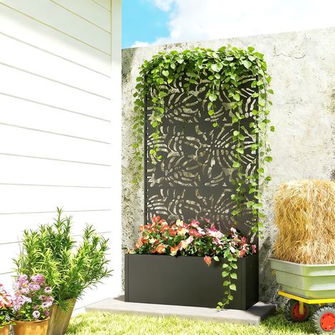 Jardinière avec treillis, bac à fleurs, avec brise-vue, pour plantes grimpantes, métal, 90 x 35 x 180 cm, noir (1/5)