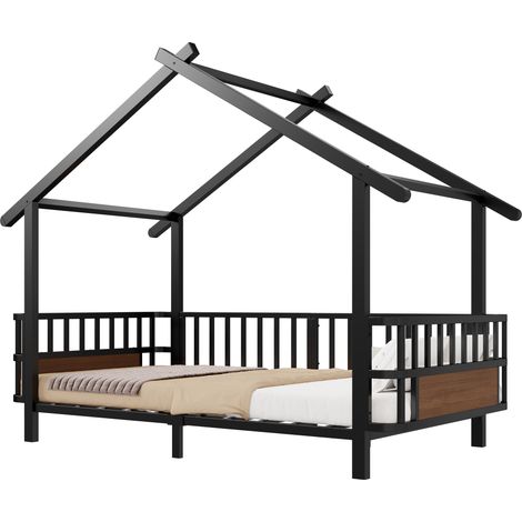 Lit enfant en métal forme maison, 90x200 cm, barrière de sécurité intégrée, design toit et cadre décoratif, pour garçon et fille, Noir (1/5)