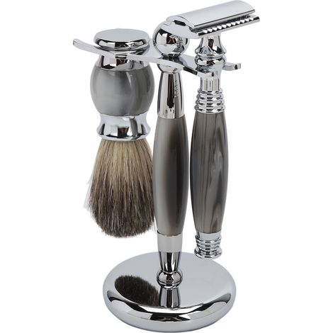 Tondeuse à barbe de sécurité avec support, brosse moussante et bol, coupe-barbe manuel pour hommes (1/5)