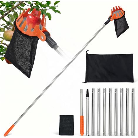 4m Cueille Fruit Telescopique, Cueille Cerise avec Sac de Rangement,Cueille Pomme Griffe Réglable à 180°, en Acier Inoxydable, Cueillette Cerise pour Raisins, Poires et Pêches, Diamètre 16cm Grande T (1/5)