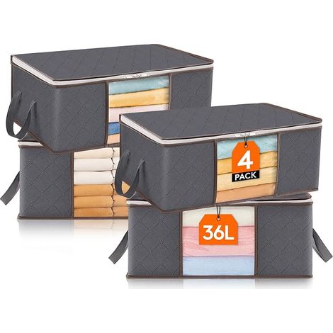 Clothes Storage Bag, Foldable Storage Box, Under Bed Storage, Duvet Cover for Clothes, Blankets, Moving, Grey, 36 L, Pack of 4 (1/5)