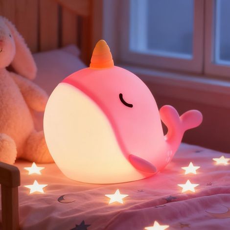 Narval Lampe de Nuit en Silicone, 7 Couleurs Kawaii Lampe de Chevet Portable Tactile Veilleuse, Rechargeable USB avec Minuterie pour Veilleuses, Anniversaire Cadeaux, Décoration Maison (1/5)