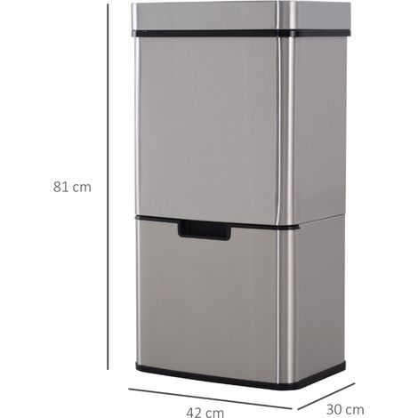 Poubelle intelligente 47 L + 2 compartiments 12,5 L, capteur de mouvement, bac à déchets étanche en inox, tri sélectif pour cuisine, couleur argentée (1/5)