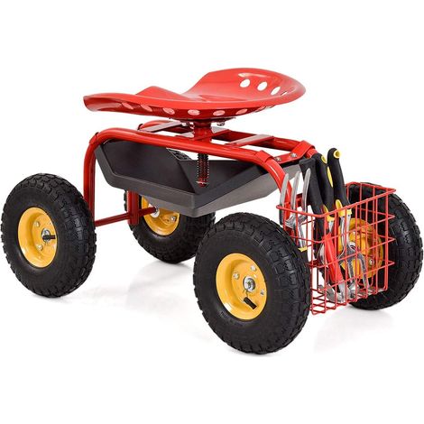 COSTWAY Gartensitz mit Rollen, 360 ° drehbar höhenverstellbar, Rollsitz mit Ablage & Korb, bis 150 kg breite Gummireifen, Gartenrollsitz für Gartenarbeit, Arbeitssitz Gartenwagen Metall(Rot)