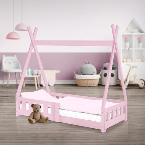 ML-Design Letto a Terra per Bambini Design Tipi 70x140 cm Rosa, Struttura in Legno di Pino Massiccio, con Sponde Protezione Anticaduta, Lettino Tenda Indiana, Giroletto Montessori per Ragazzi (1/5)