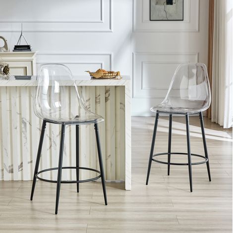 Tabouret de bar transparent en plastique et métal noir, hauteur d’assise 66 cm, lot de 2,48.5×48.5×102cm (1/5)