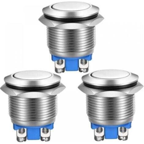 Pair 3pcs Bouton Poussoir Momentané Bornes à vis en Acier Inoxydable Bouton étanche à l'eau 19mm 2A 12V/24V/125V/250V(Tête Plate)