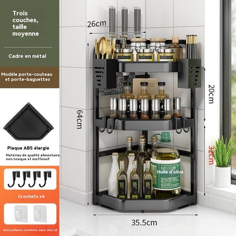 Étagère d'angle triangulaire multifonctionnelle pour plans de travail de cuisine, trois niveaux, de taille moyenne, comprenant un porte-couteaux et un tube de rangement pour ustensiles.