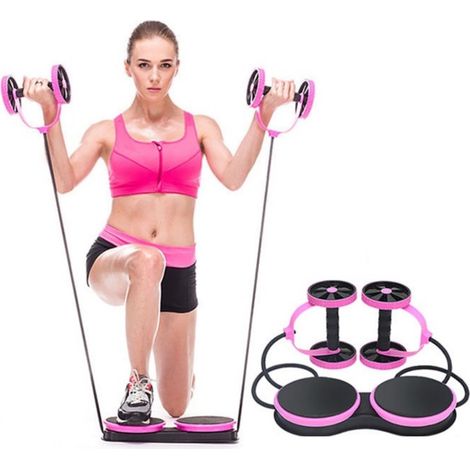 Cette roue d'exercice multifonctionnelle rose est fournie avec une bande élastique à haute résistance, vous permettant de faire travailler vos muscles à domicile.