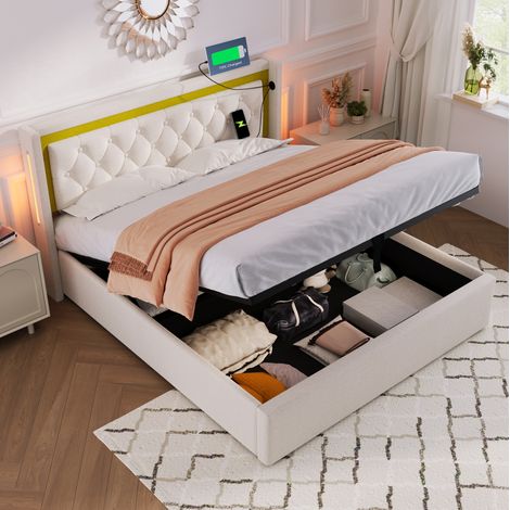 Bett Doppelbett Stauraum 160x200 Baumwolle LED OKMYHOME (1/5)