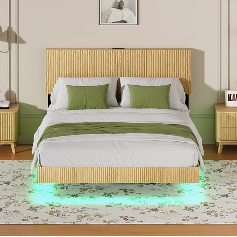 Bett 140 x 200 mit Kopfteil, RGB-LED und integrierter Steckdose, Naturholz HAVRYA (1/5)
