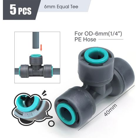 Raccord en T FxID-6mm (1/4", 3/8", 1/2") pour tuyau d'arrosage PE de diamètre extérieur 16 mm, 12 mm et 6 mm compatible avec les systèmes d'irrigation. (1/5)