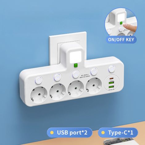 Eins zu vielen, mit Schalter, USB-Anschluss, mit intelligenter USB-Steckdosenleiste, Steckdosenleiste, Verlängerungskabel, Typ-C-Ladeanschluss, mit Nachtlicht, weiße Ausführung 3 (1/4)
