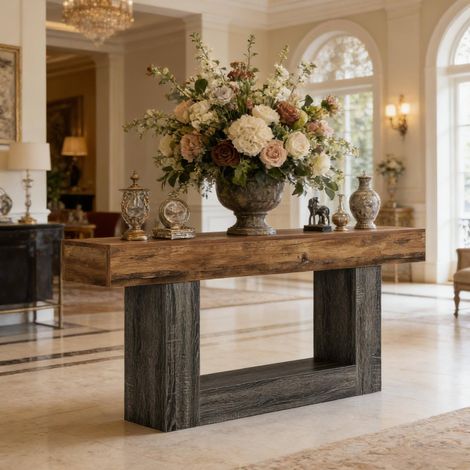 Tavolo consolle 160 cm grigio e marrone rustico in MDF con ripiano inferiore (1/5)