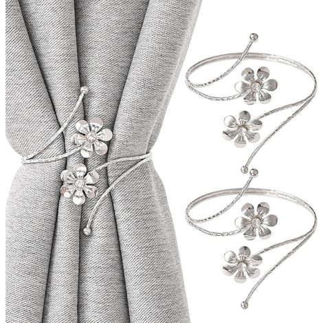 Embrasses de rideaux à fleurs pliables en métal argenté, 2 pièces, supports de rideaux décoratifs pour la décoration de la maison et du bureau (1/5)